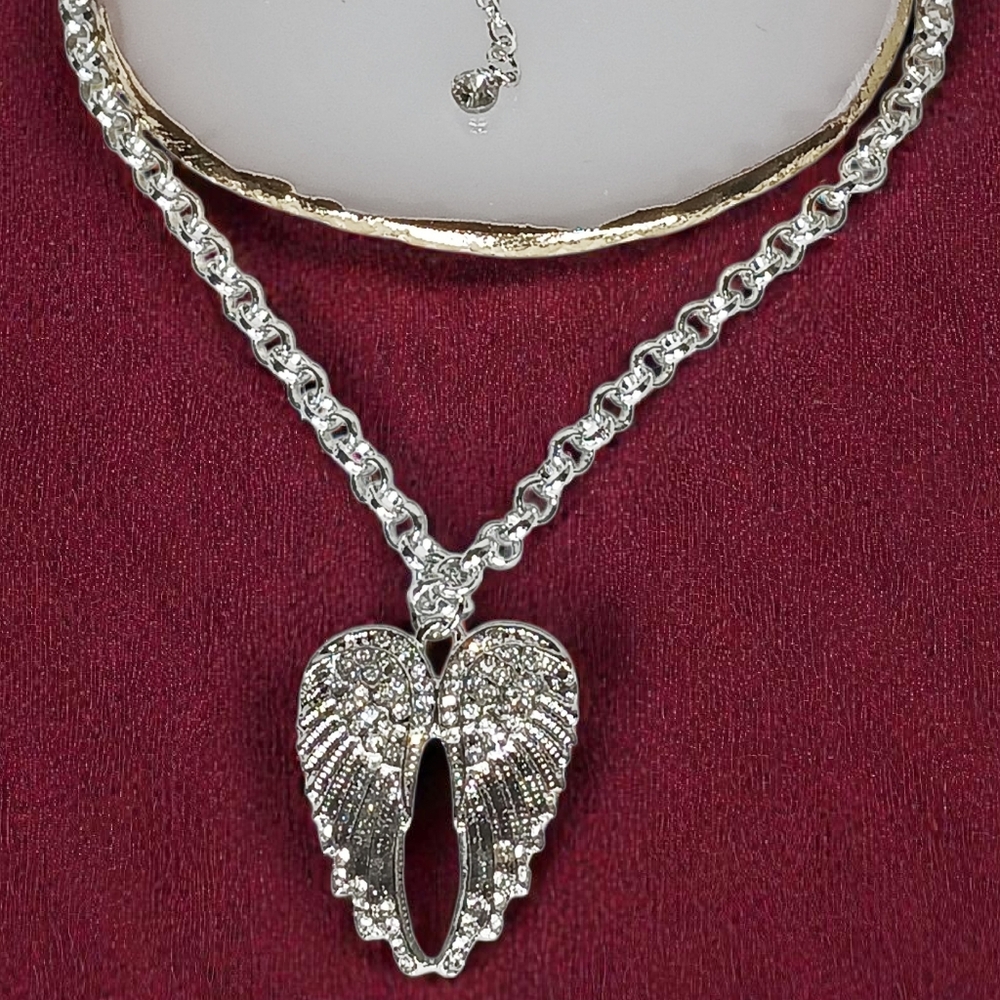 Silver Pave Angel Wings Pendant Necklace Modern Retro Glam New Age Grunge 1990s